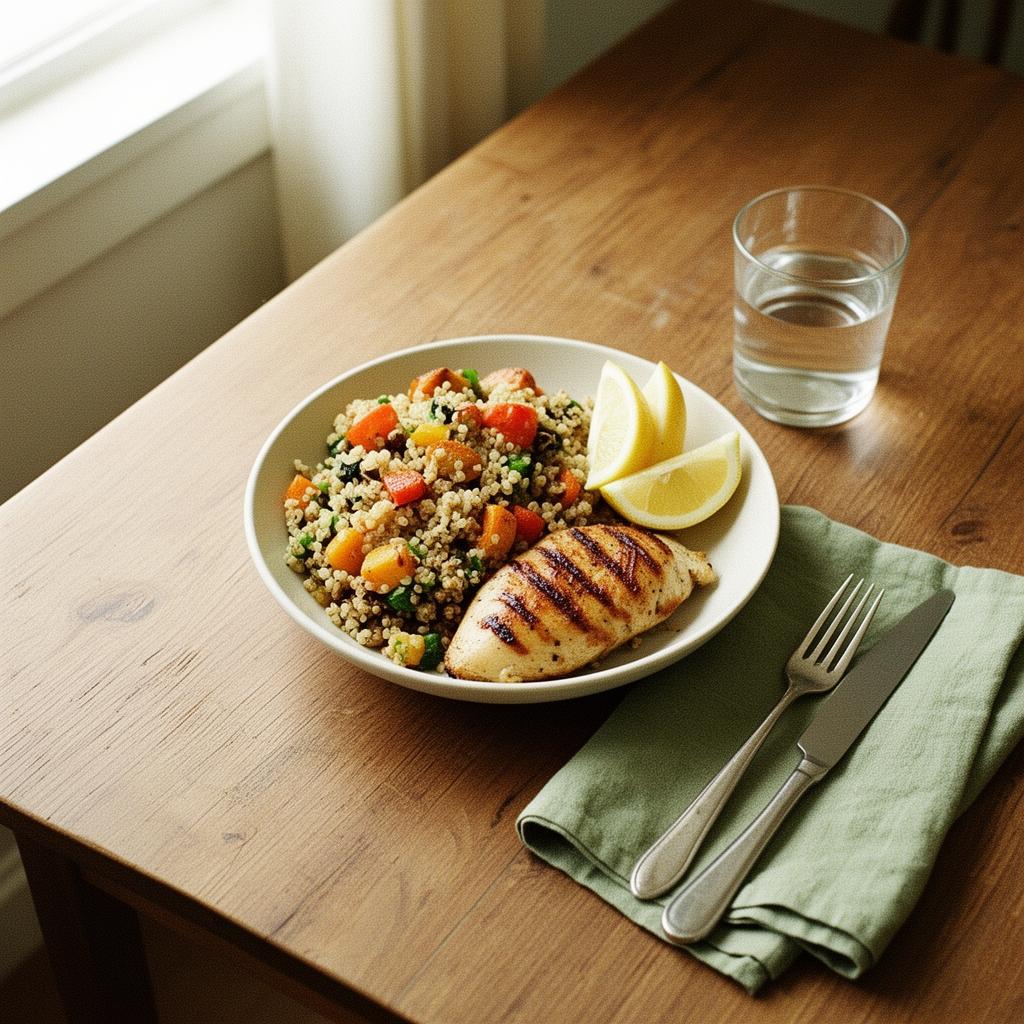 A simple, beautiful home-cooked meal: grain bowl, grilled chicken, lemon, and water.