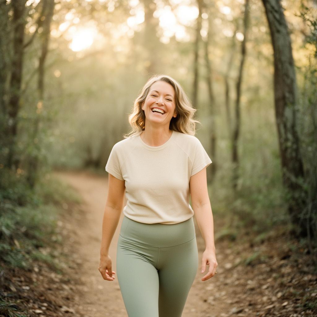 An adult woman walking on a wooded trail in soft morning light, smiling.